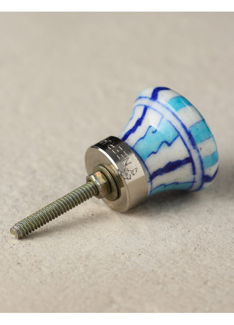 White Ceramic Blue Pottery Drawer Knob With Turquoise And Blue Print