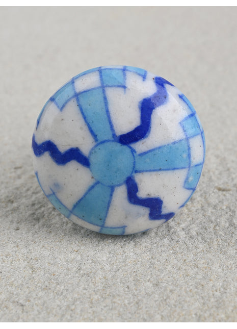White Ceramic Blue Pottery Drawer Knob With Turquoise And Blue Print