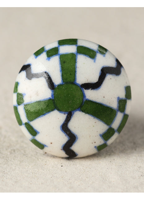 Antique White Ceramic Blue Pottery Door Knob With Green And Black Design