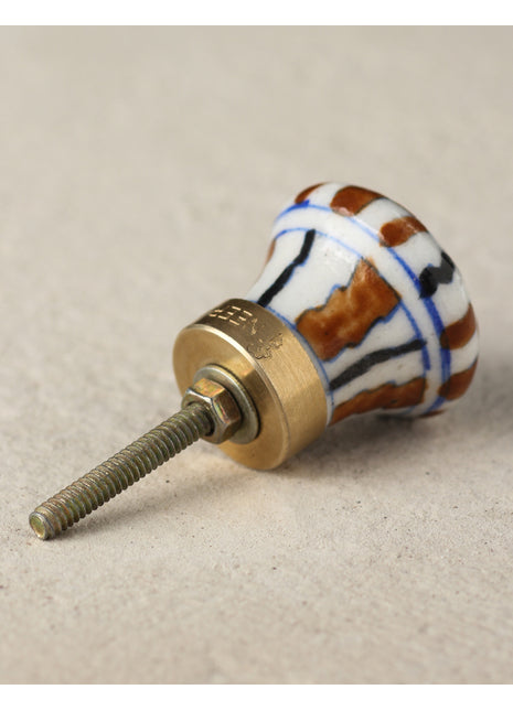Stylish White Ceramic Blue Pottery Door Knob With Brown And Black Print