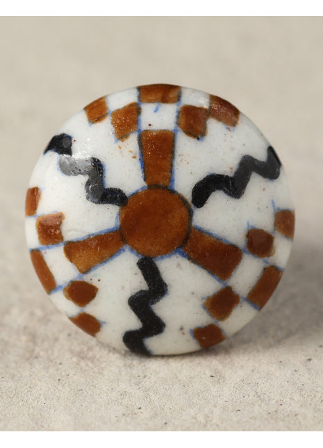 Stylish White Ceramic Blue Pottery Door Knob With Brown And Black Print