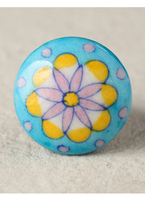 Turquoise Ceramic Blue Pottery Door Knob With Pink And Yellow Print