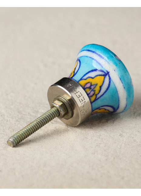 Turquoise Ceramic Blue Pottery Door Knob With Pink And Yellow Print