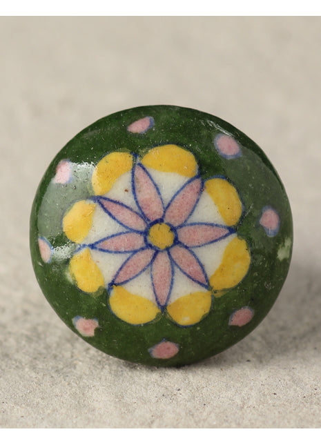 Green Ceramic Blue Pottery Drawer Knob With Pink And Yellow Print