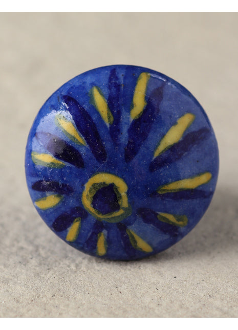 Blue Ceramic Blue Pottery Drawer Knob With Black And Yellow Print