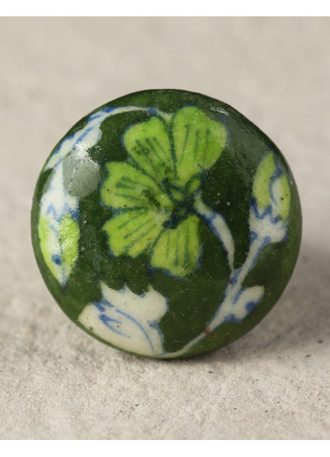 Light Green Flower On Green Ceramic Blue Pottery Drawer Knob
