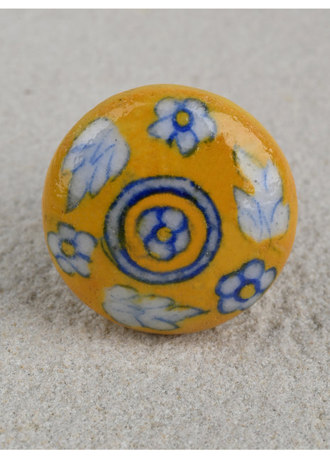 Yellow Handmade Dresser Cabinet Knob With White Leaves