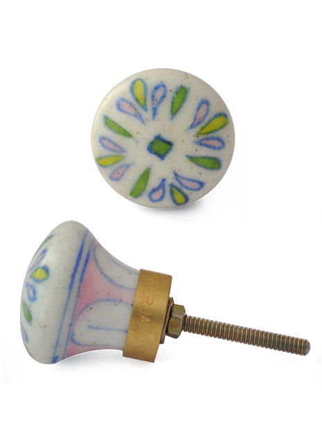Antique Round White Ceramic Blue Pottery Drawer Knob With Multicolor Petals