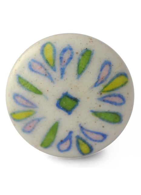 Antique Round White Ceramic Blue Pottery Drawer Knob With Multicolor Petals
