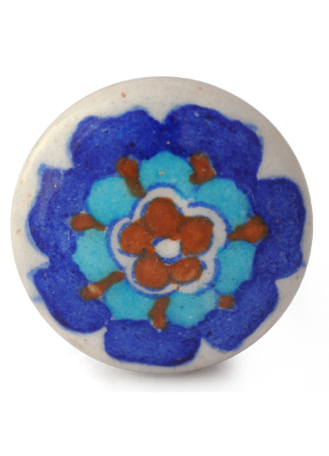 Turquoise, Brown And Blue Flower On White Ceramic Blue Pottery Drawer Knob