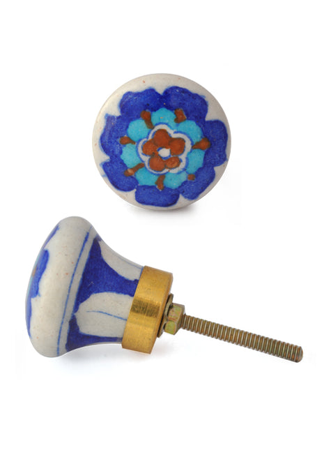 Turquoise, Brown And Blue Flower On White Ceramic Blue Pottery Drawer Knob