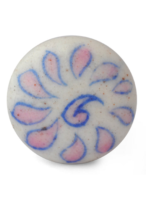 Handmade White Ceramic Blue Pottery Drawer Knob With Pink Flower