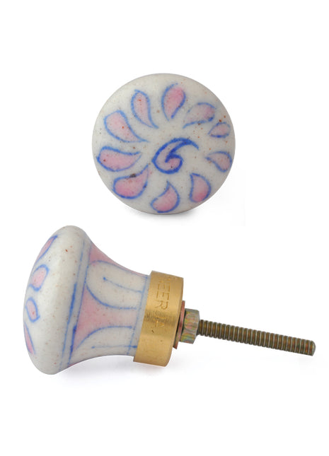 Handmade White Ceramic Blue Pottery Drawer Knob With Pink Flower