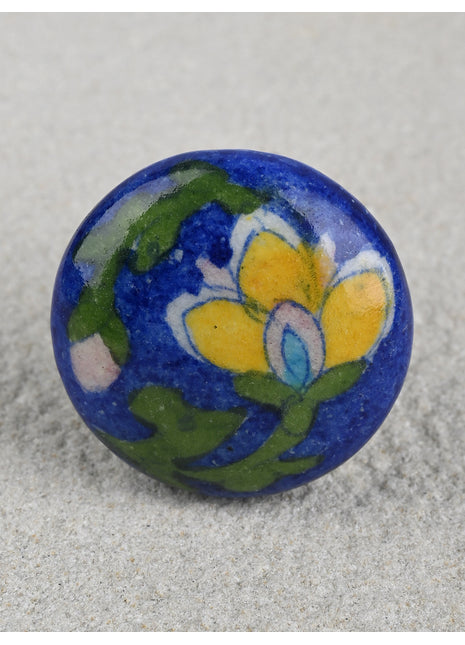 Vintage Blue Ceramic Drawer Knob with Yellow Flower