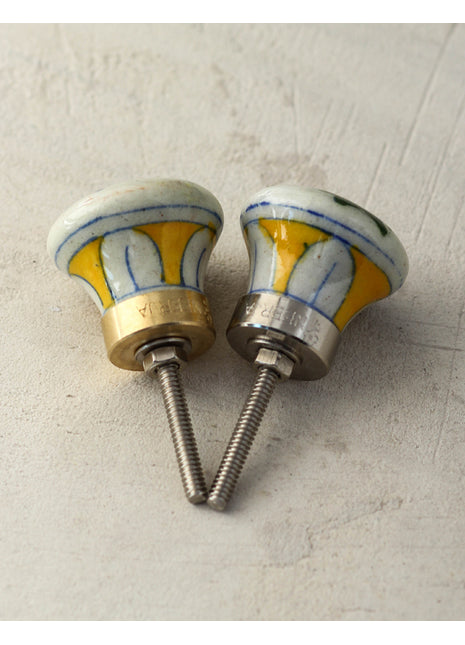 White Ceramic Blue Pottery Door Knob With Pink Paisley Flower