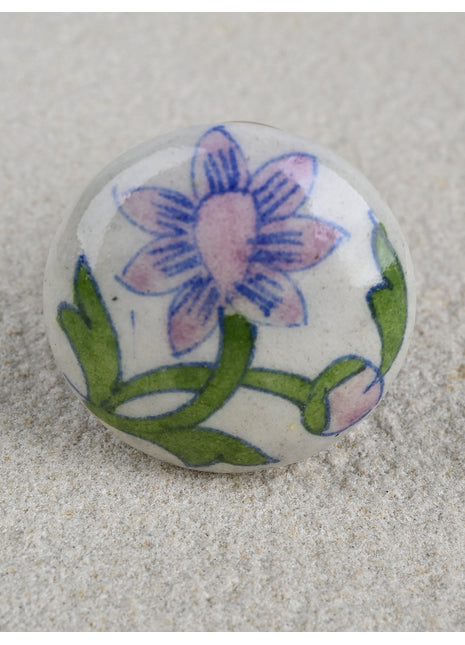 White Ceramic Blue Pottery Door Knob With Pink Paisley Flower