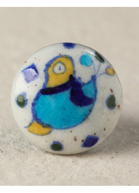 Vintage White Ceramic Blue Pottery Door Knob With Bird Print