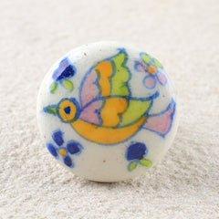 Antique White Ceramic Blue Pottery Knob With Hand Painted Bird Design