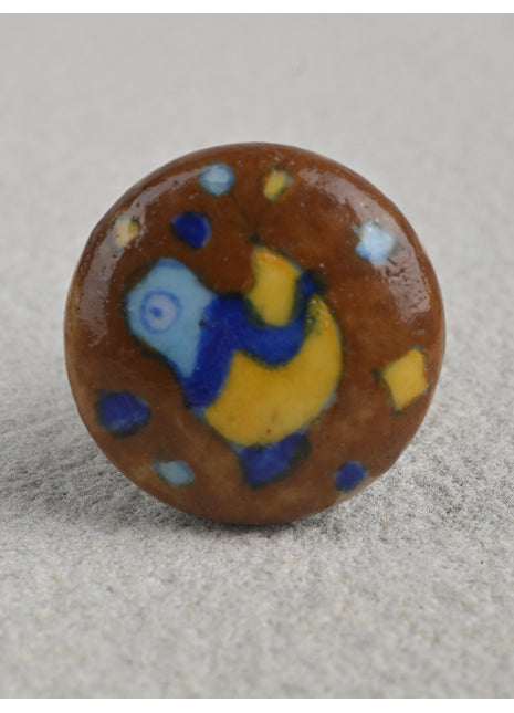 Brown Ceramic Blue Pottery Knob With Beautifully Crafted Bird Print