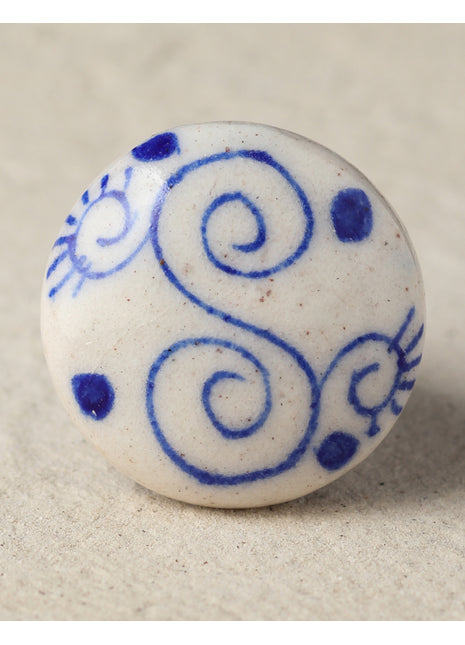 White Round Spiral S Ceramic Blue Pottery Dresser Cabinet Knob