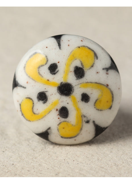 Well Designed White Ceramic Blue Pottery Drawer Knob With Yellow And Black Design