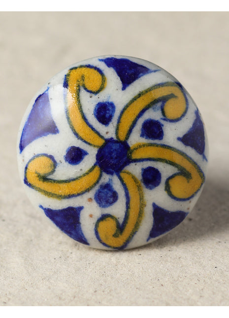 Elegant White Ceramic Dresser Cabinet Knob With Blue And Yellow Design