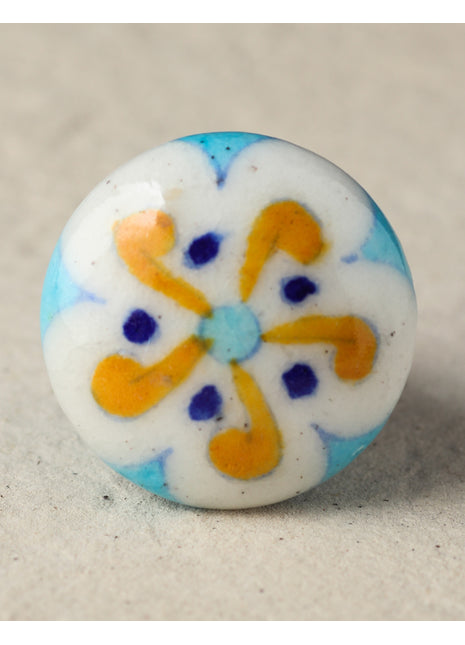 Vintage White Ceramic Door Knob With Yellow And Turquoise Design