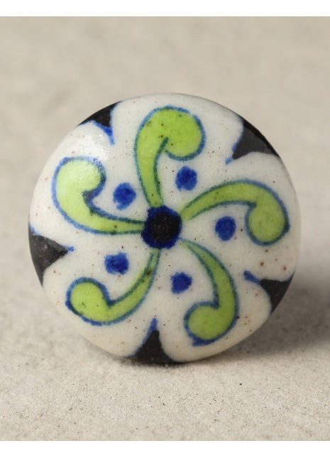 Designer White Ceramic Kitchen Cabinet Knob With Green And Blue Design