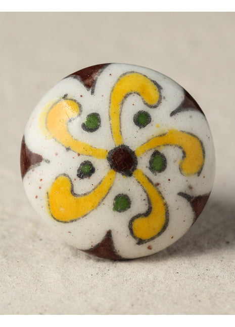 Elegant White Ceramic Drawer Knob With Yellow And Brown Design