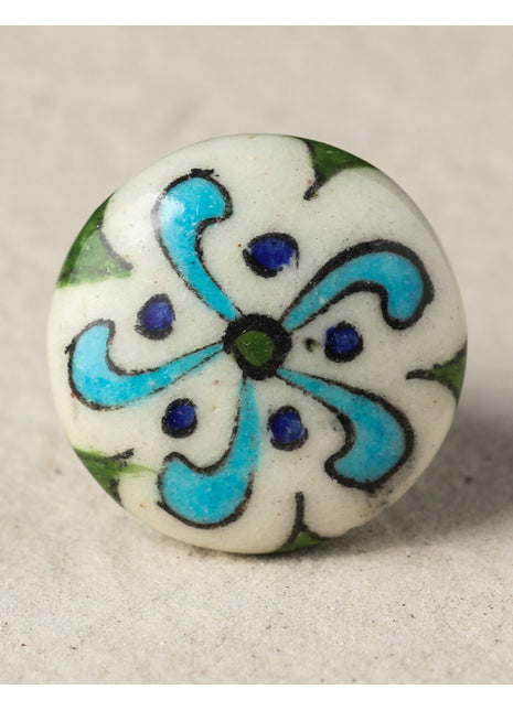 Well Designed White Ceramic Dresser Cabinet Knob With Turquoise And Blue Design
