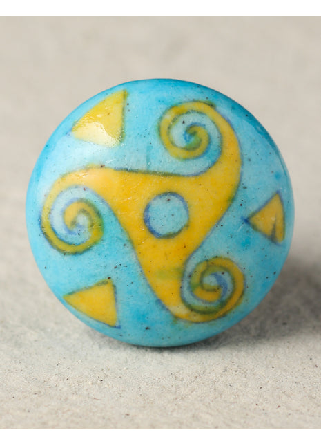 Yellow And Turquoise Designer Ceramic Blue Pottery Kitchen Cabinet Knob