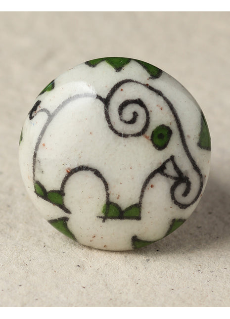 Elegant White Ceramic Blue Pottery Knob With Handmade Green Elephant Design