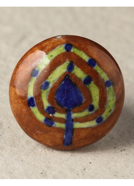 Handmade Brown Ceramic Blue Pottery Kitchen Cabinet Knob