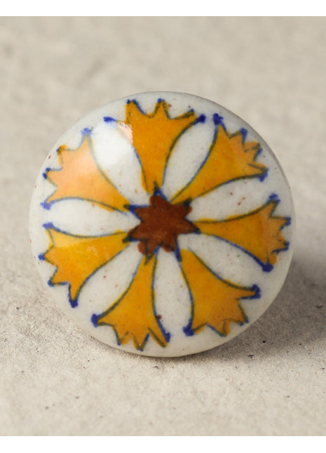 Vintage White Ceramic Drawer Knob With Hand Painted Yellow Floral Print