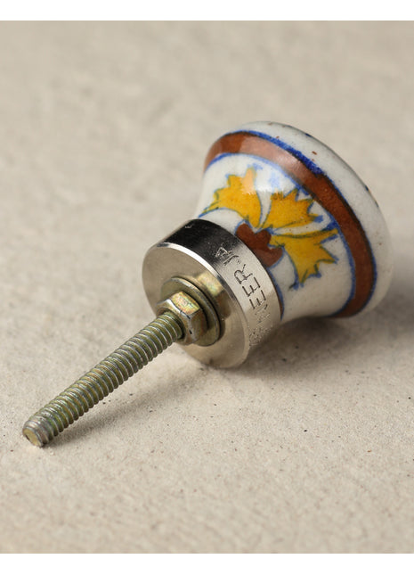 Vintage White Ceramic Drawer Knob With Hand Painted Yellow Floral Print