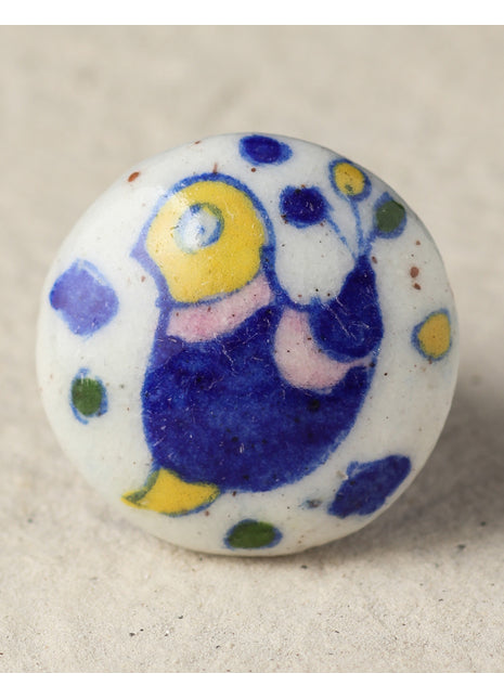 White Ceramic Blue Pottery Knob With Hand Painted Bird Design