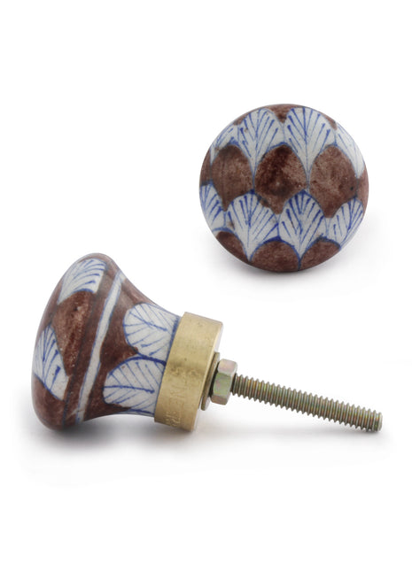 White And Brown Checkerboard Ceramic Blue Pottery Dresser Knob