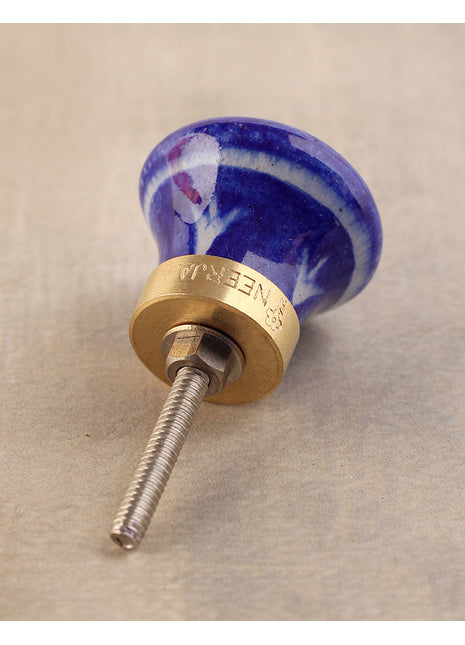 Blue Ceramic Door Knob With Hand Painted White Floral Print