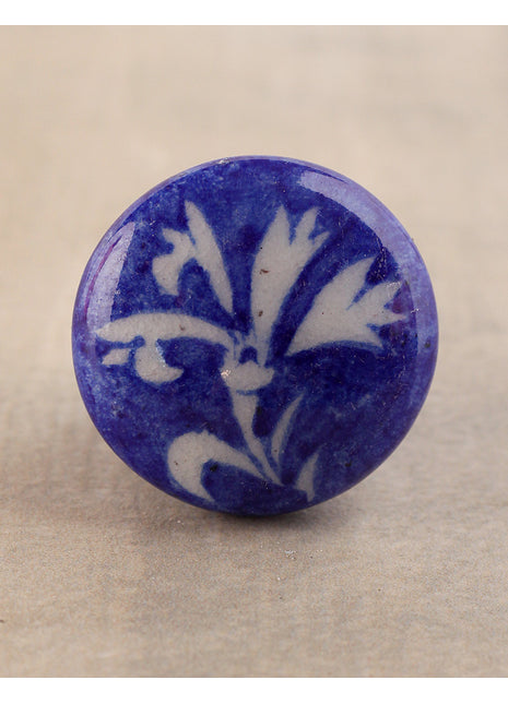 Blue Ceramic Door Knob With Hand Painted White Floral Print