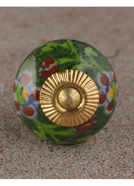 Stylish Maroon Flower And Leaf Design On Dark Green Ceramic Drawer Knob