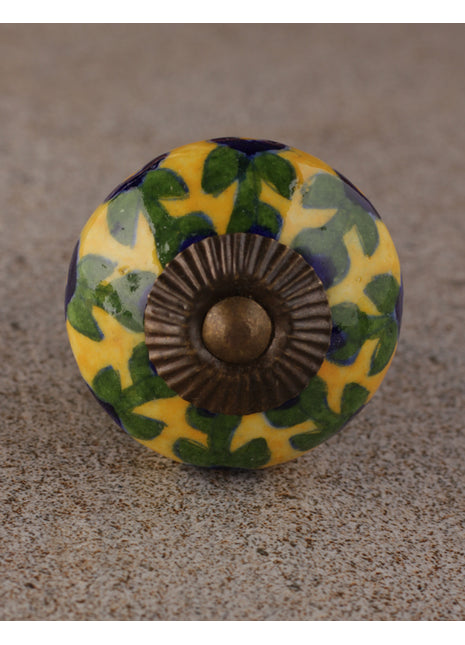 Blue Flower And Leaf Design On Yellow Ceramic Dresser Cabinet Knob