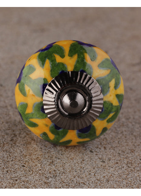 Blue Flower And Leaf Design On Yellow Ceramic Dresser Cabinet Knob