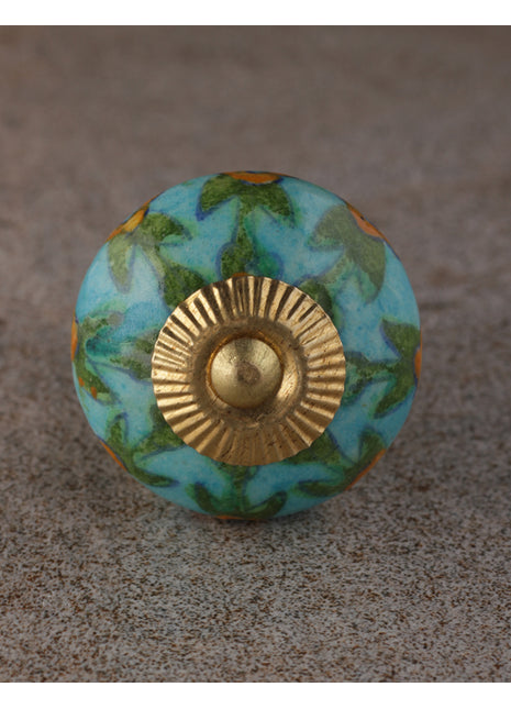 Yellow Flower And Leaf Design On Turquoise Ceramic Dresser Cabinet Knob
