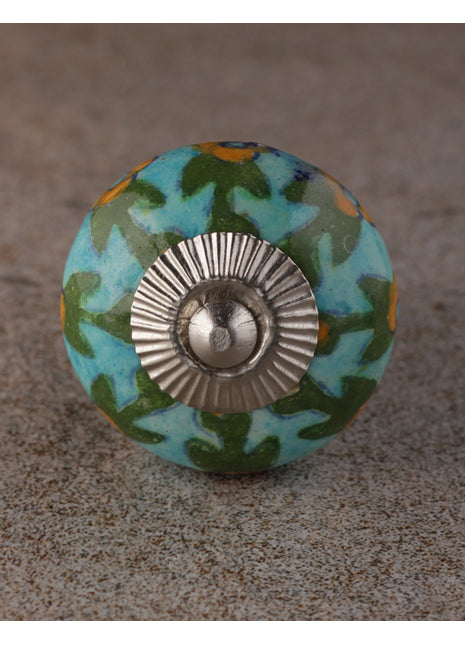 Yellow Flower And Leaf Design On Turquoise Ceramic Dresser Cabinet Knob