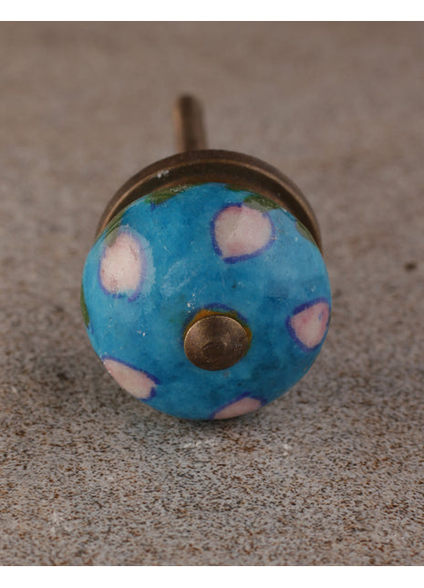 Pink Flower And Leaf Design On Turquoise Ceramic Cupboard Knob