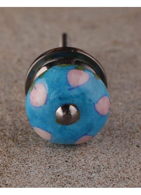 Pink Flower And Leaf Design On Turquoise Ceramic Cupboard Knob