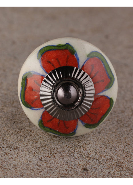 Designer Red Flower On White Ceramic Drawer Cabinet Knob