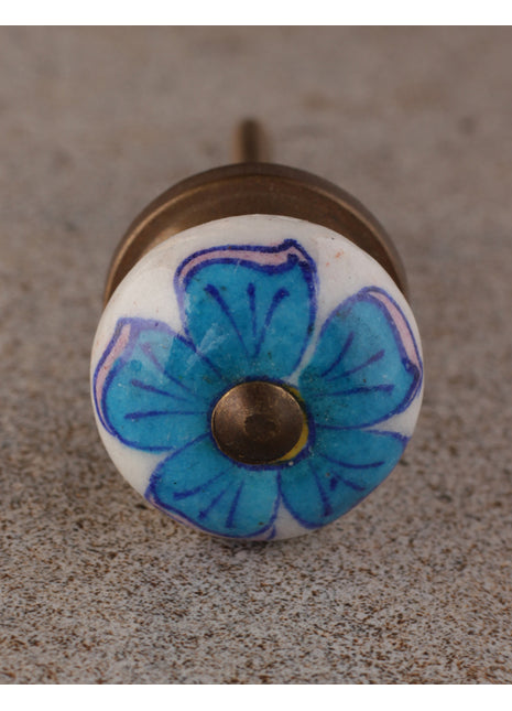 Turquoise Flower On White Ceramic Kitchen Cabinet Knob