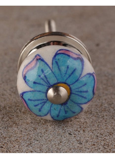 Turquoise Flower On White Ceramic Kitchen Cabinet Knob