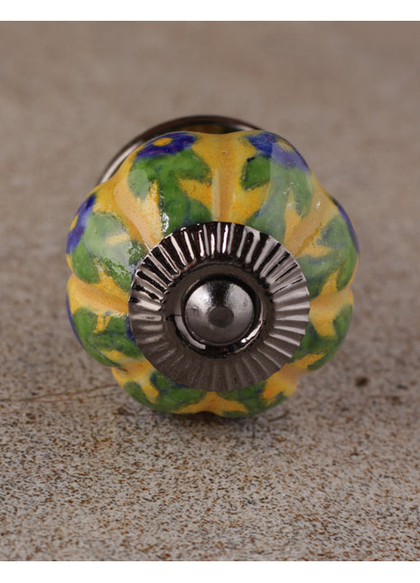 Multicolor Flower And Leaf Design On Yellow Ceramic Door Knob